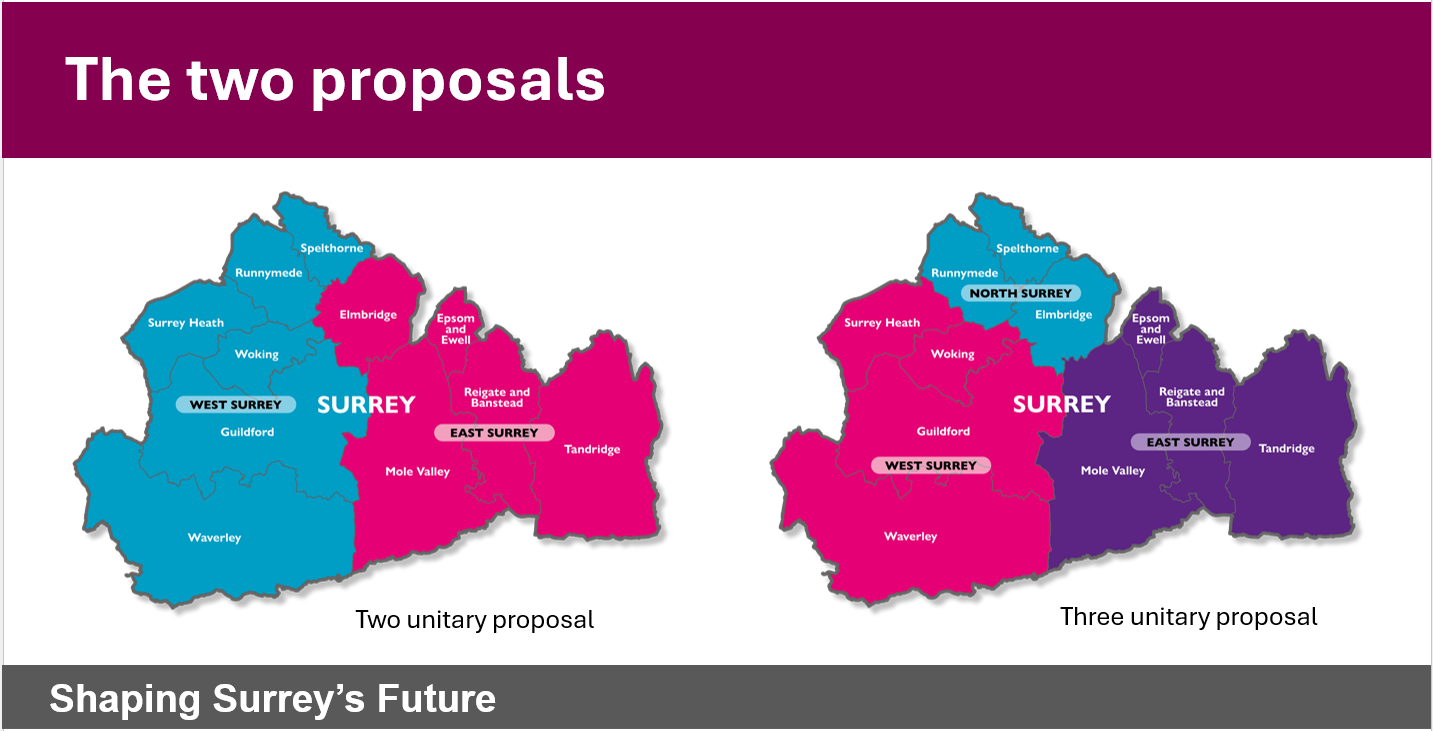 Maps showing the divisions for the two unitary and the three unitary proposals. Maps showing the divisions for the two-unitary and the three-unitary proposals.